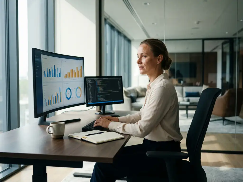 Klantenservicemedewerker aan modern bureau analyseert analytics-dashboard en gesprekslogboeken op twee monitoren in professionele kantooromgeving.