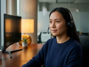 Klantenservicemedewerker met draadloze headset aan modern bureau met warme sfeerverlichting en een kleine vetplant op de achtergrond.