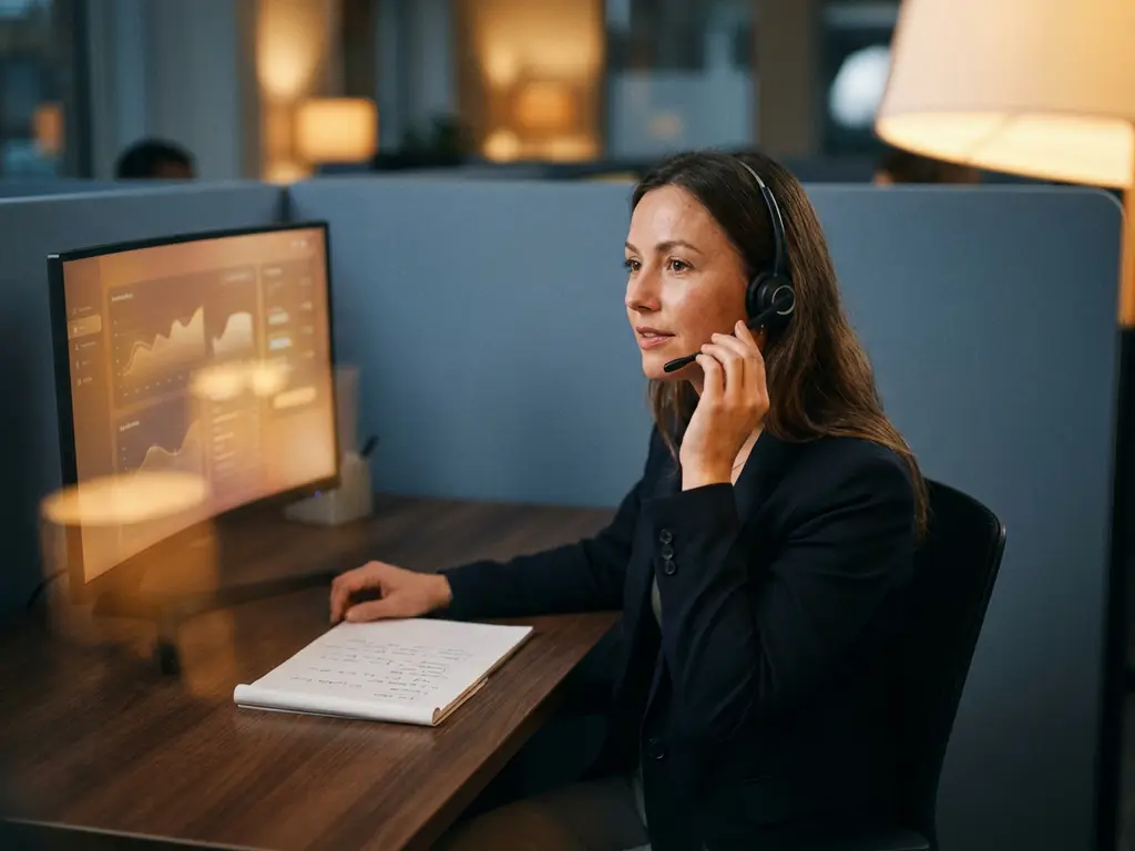 Klantenservicemedewerker met headset aan modern werkstation, omgeven door warm amber licht en handgeschreven notities.