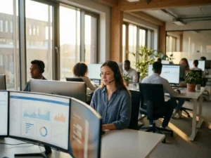 Klantenservicemedewerker met draadloze headset aan modern werkstation, omringd door monitors met live chatgesprekken in open kantoor.