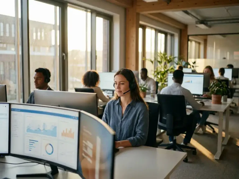 Klantenservicemedewerker met draadloze headset aan modern werkstation, omringd door monitors met live chatgesprekken in open kantoor.