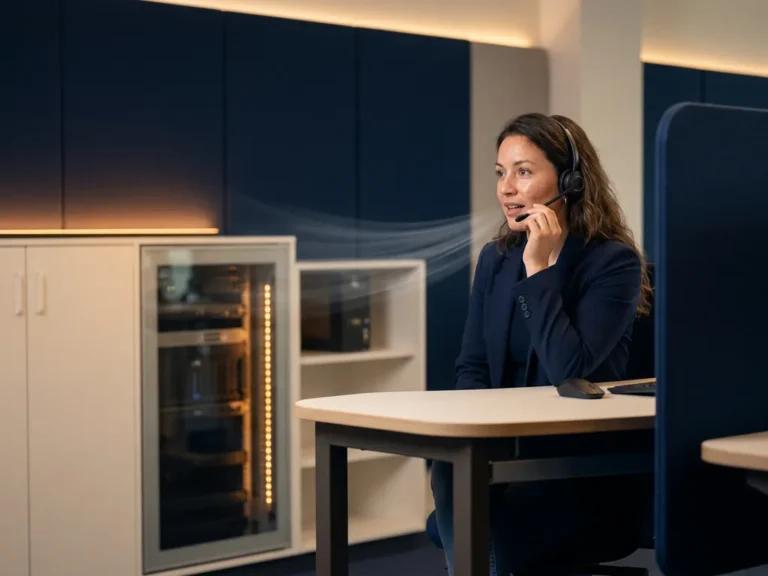Klantenservicemedewerker met headset aan modern bureau, geluidsrimpels zichtbaar richting serverunit, kantooromgeving met navy en amber tinten.