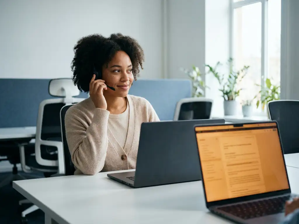 Klantenservicemedewerker aan modern bureau bekijkt AI-tekstsuggesties op laptop met headset bij de hand, warm kantoor met natuurlijk licht.