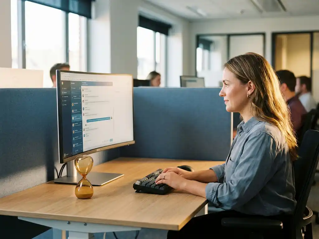 Klantenservicemedewerker typt op modern werkstation met live chat op monitor en zandloper naast toetsenbord, symboliseert kortere afhandeltijd.