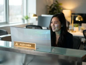 Klantenservicemedewerker aan modern bureau met warme blik, monitor werpt zacht blauw licht op gezicht, kantooromgeving met gouden accenten.