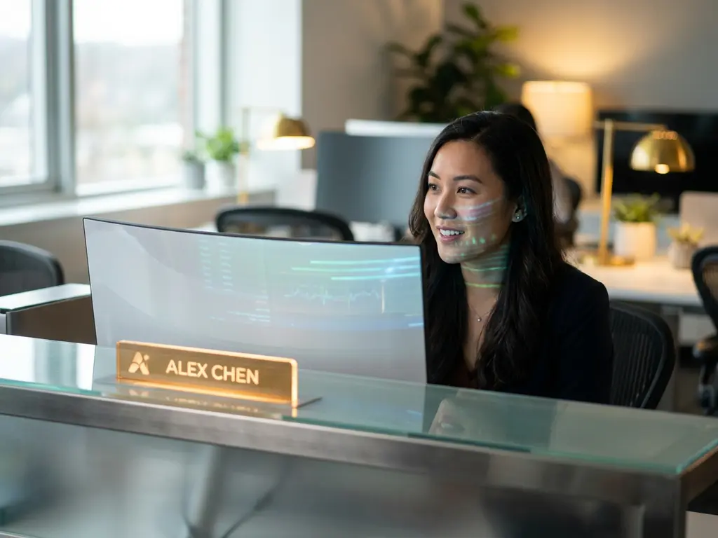 Klantenservicemedewerker aan modern bureau met warme blik, monitor werpt zacht blauw licht op gezicht, kantooromgeving met gouden accenten.