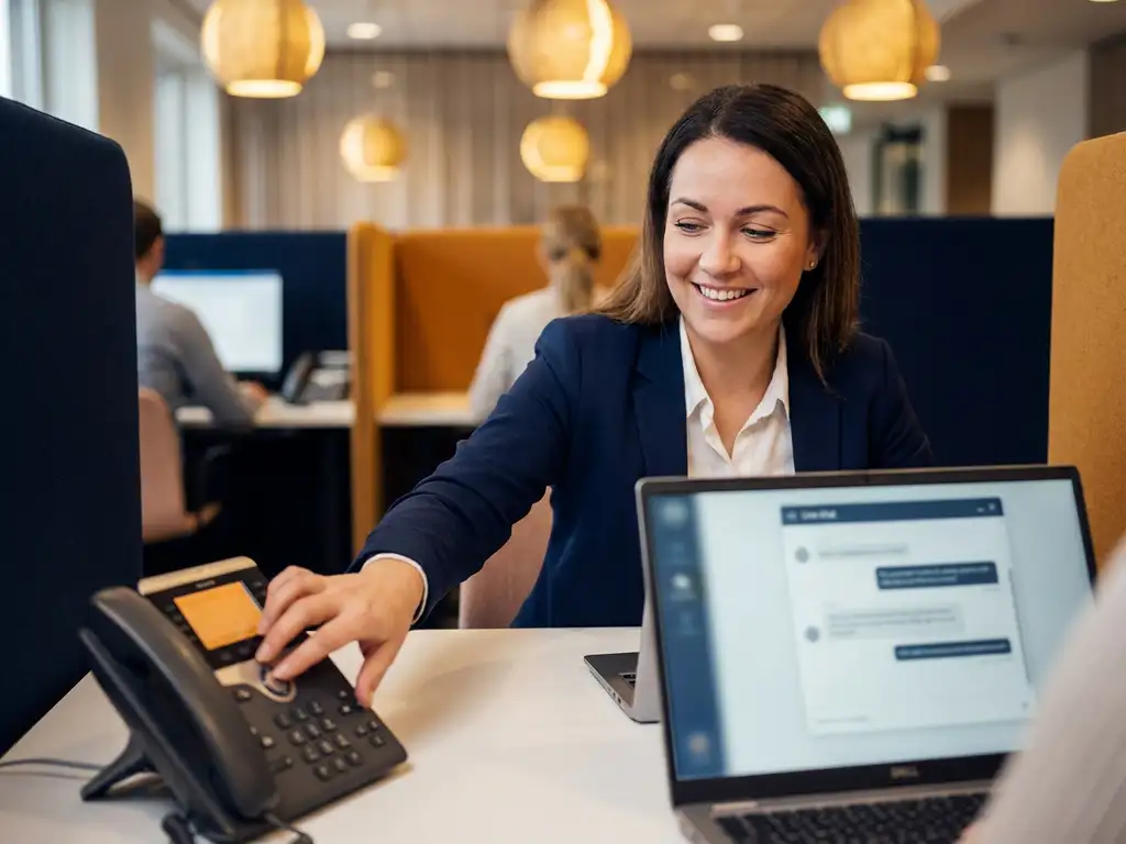 Klantenservicemedewerker beantwoordt telefoon naast laptop met live chat in modern contactcenter met marineblauw en amberkleurig interieur.