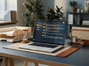 Bureau van klantenservicemedewerker met laptop met live chats, zandloper en postvak in warm, sfeervol kantoorlicht.