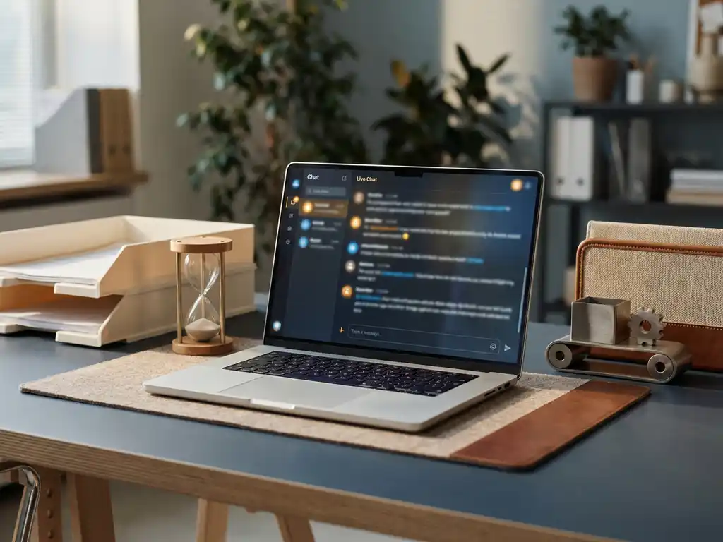 Bureau van klantenservicemedewerker met laptop met live chats, zandloper en postvak in warm, sfeervol kantoorlicht.