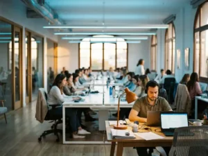 Drukke klantenservicevloer met tientallen agenten met headsets op moderne werkplekken, terwijl één medewerker geconcentreerd op de voorgrond werkt.
