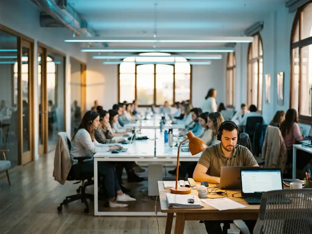 Drukke klantenservicevloer met tientallen agenten met headsets op moderne werkplekken, terwijl één medewerker geconcentreerd op de voorgrond werkt.