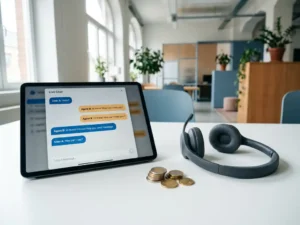Tablet met live chat-interface en ergonomische headset op wit bureau, met euromuntjes ertussen in modern kantoor.