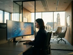 Klantenservice-agent beheert druk callcenter-dashboard op monitor in modern Utrecht-kantoor met groot raam en natuurlijk middaglicht.