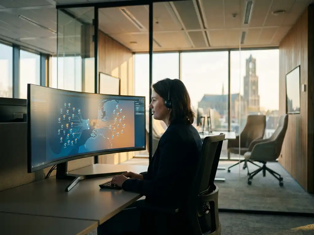 Klantenservice-agent beheert druk callcenter-dashboard op monitor in modern Utrecht-kantoor met groot raam en natuurlijk middaglicht.