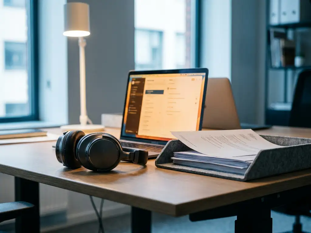 Headset op modern bureau naast inbox-bakje met papieren en laptop in hedendaags kantoor met natuurlijk licht.