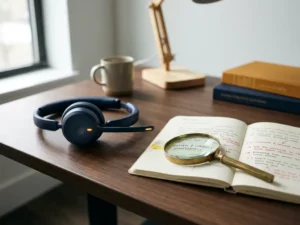 Klantenservice headset naast een notitieboek met correctieaantekeningen en een vergrootglas op een moderne kantoordesk.