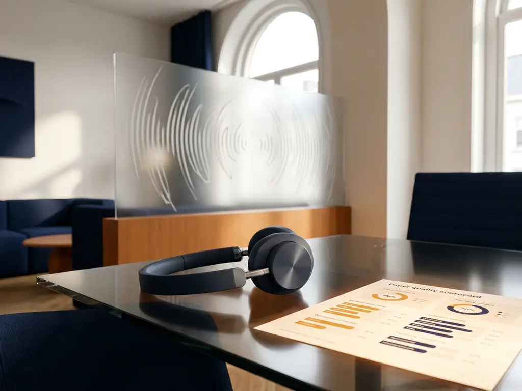 Headset op glazen bureau naast verlicht kwaliteitsscorekaart en akoestische golfpatronen in mat acryl, modern kantoor.