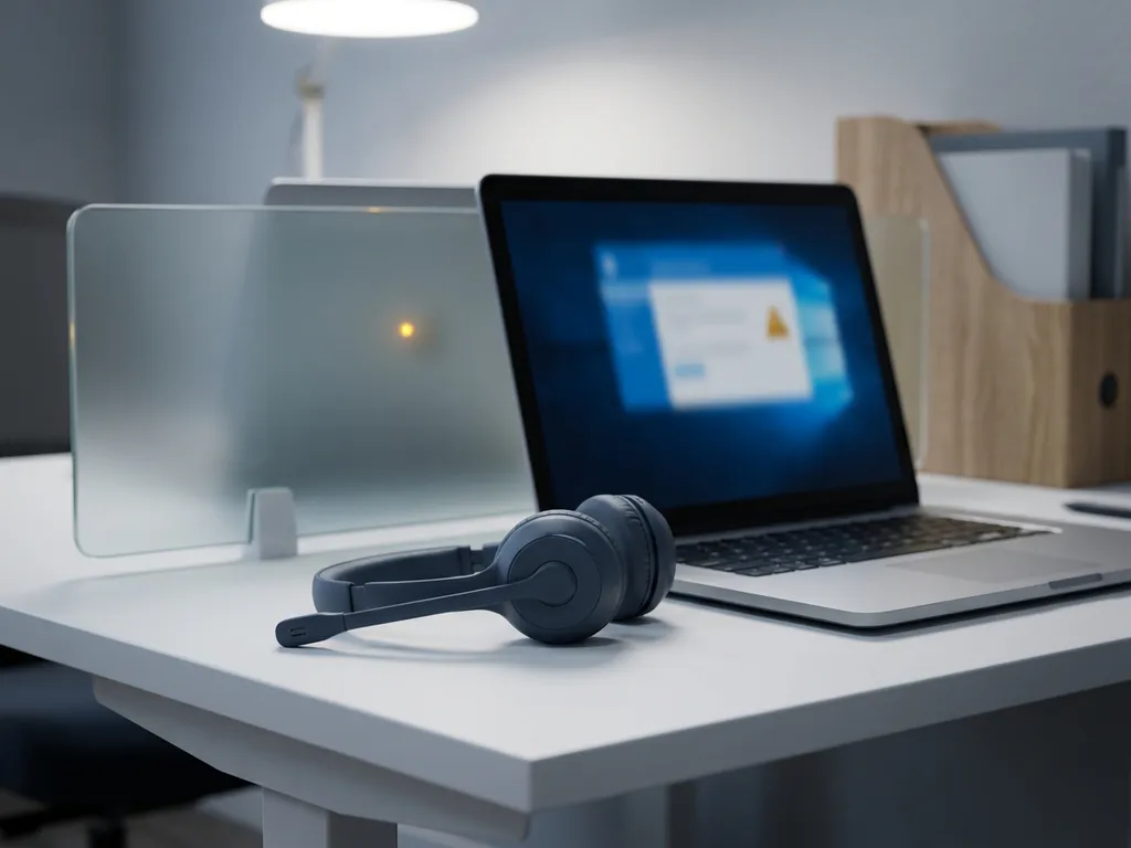 Klantenservice headset naast laptop op wit bureau, met bevroren glazen paneel dat scherminhoud verbergt.