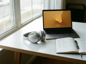 Headset naast een verlicht laptop op een wit bureau met opengeslagen notitieboek en pen, zacht ochtendlicht, rustige sfeer.