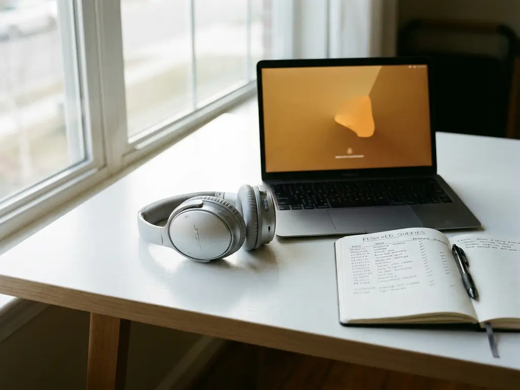 Headset naast een verlicht laptop op een wit bureau met opengeslagen notitieboek en pen, zacht ochtendlicht, rustige sfeer.