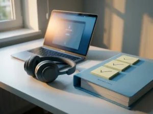 Headset op wit bureau naast oplichtend laptopscherm, kennisbinder en sticky notes met vinkjes, warm zijlicht.