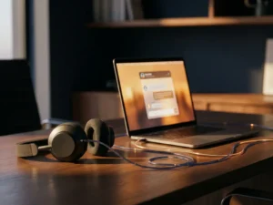 Headset naast laptop met live chat-interface, verbonden door lichtgevende datakabels op modern bureau in marineblauw en amber tinten.