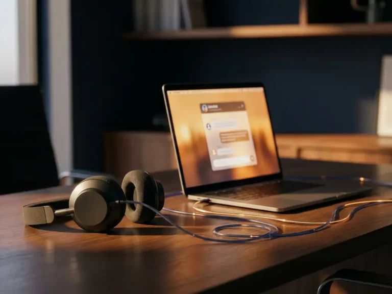 Headset naast laptop met live chat-interface, verbonden door lichtgevende datakabels op modern bureau in marineblauw en amber tinten.