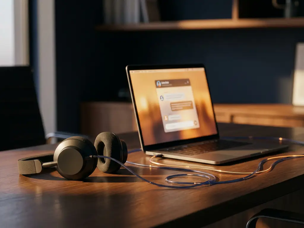 Headset naast laptop met live chat-interface, verbonden door lichtgevende datakabels op modern bureau in marineblauw en amber tinten.