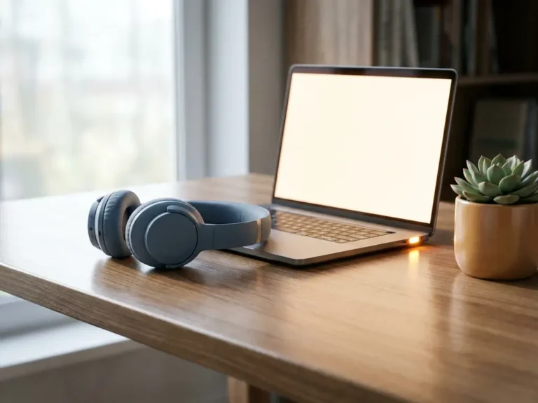 Headset naast een gloeiende laptop op een modern bureau met een vetplantje, zachte chatmelding reflecteert op het oppervlak.