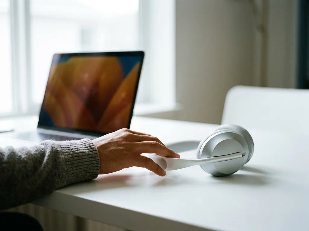 Hand reikt naar een headset op wit bureau naast oplichtend laptopscherm, symboliseert overstap van AI naar menselijke klantenservice.
