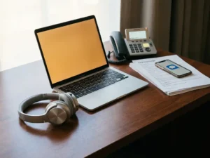 Klantenservicebureau met headset, laptop, smartphone, bureautelefoon en chattranscript in één georganiseerde werkruimte.