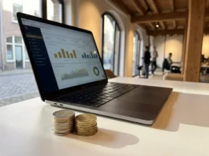 Stapel euromunten naast een laptop met klantenservice-dashboard op een wit bureau in een modern kantoor.