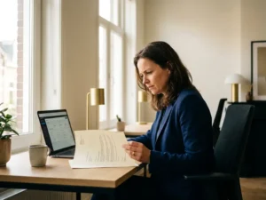 Klantenservicemedewerker aan modern bureau bestudeert formele brief naast open laptop in stijlvol kantoor met marineblauw en goudtinten.