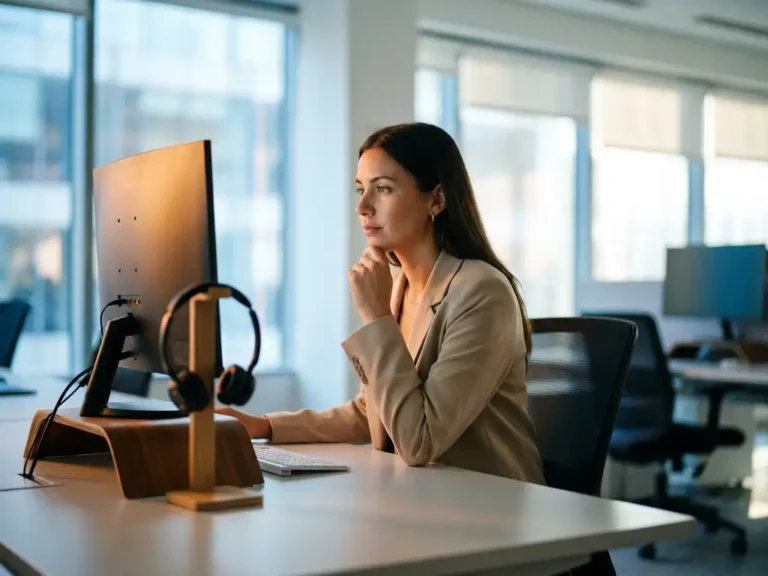 Klantenservicemedewerker aan modern bureau met headset, warm ambergloed van monitor op haar gezicht, open kantoor op de achtergrond.