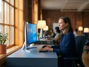 Klantenservicemedewerker achter modern bureau in Utrecht kantoor, haalt informatie op via verlicht scherm in open werkruimte.