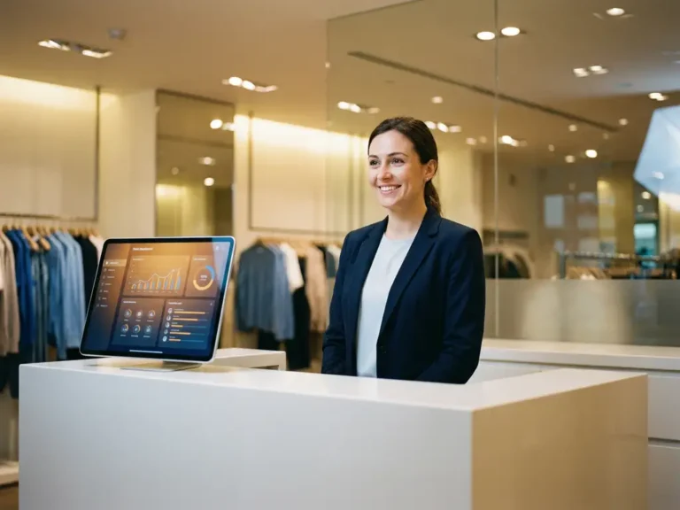 Klantenservicemedewerker achter moderne toonbank met gloeiende tablet met klantinzichten, warme winkelverlichting en kledingrekken op de achtergrond.