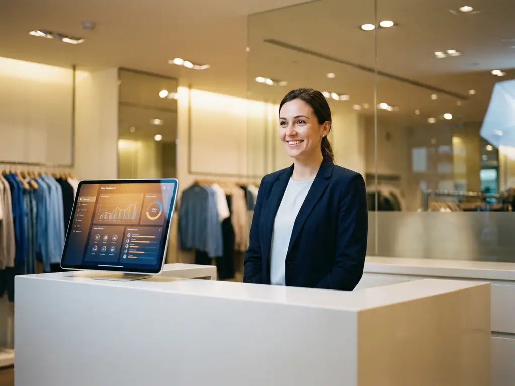 Klantenservicemedewerker achter moderne toonbank met gloeiende tablet met klantinzichten, warme winkelverlichting en kledingrekken op de achtergrond.