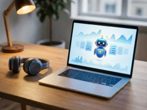 Headset naast een gloeiende laptop op modern bureau, met een robotfiguur die klantenservicetaken beheert in blauw-amberkleurig licht.
