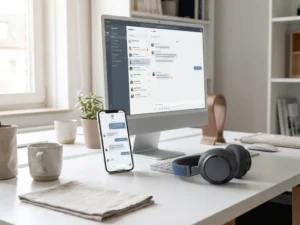 Smartphone met chat-interface naast een desktop werkstation met headset op een wit bureau in een modern kantoor.