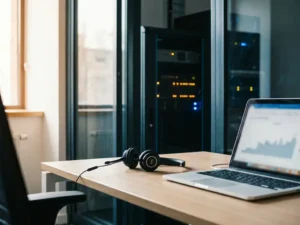 Klantenservice-werkstation met headset en laptop, serverrack op achtergrond met oranje indicatielampjes in modern kantoor.
