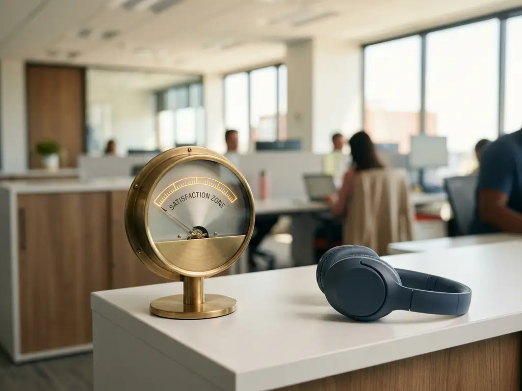 Precisiemeter met naald op gouden tevredenheidszone, naast een headset op modern bureau met kantoor op de achtergrond.