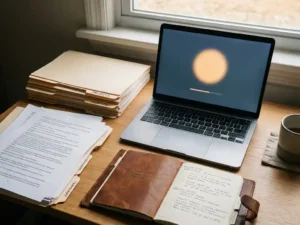Bureau met gelabelde mappen, uitgeprinte klantgesprekken en handgeschreven notities rondom een laptop, verlicht door natuurlijk raamlicht.
