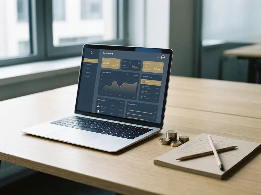Laptop met minimalistisch dashboard op modern bureau naast euromunten en notitieblok voor kostenanalyse.