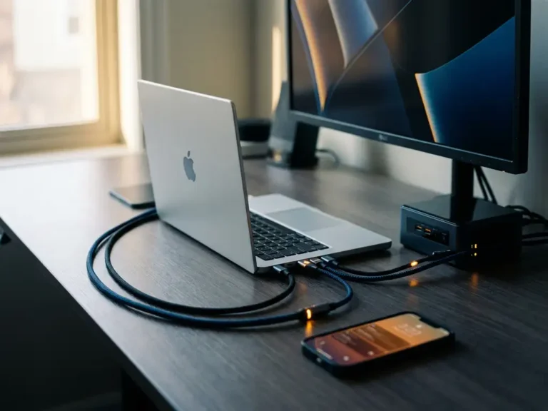 Laptop verbonden met ethernet- en USB-kabels op minimalistisch bureau, gekoppeld aan server, smartphone en monitor.