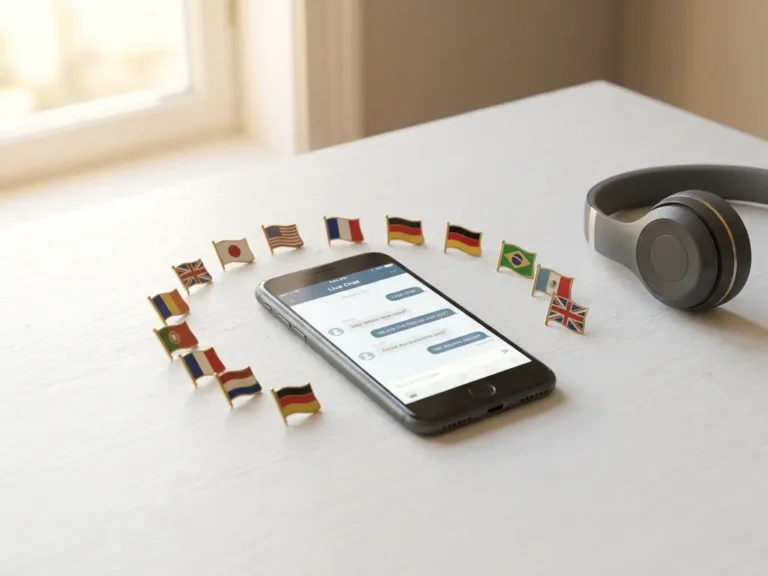 Smartphone met live chat-interface op wit bureau, omringd door vlaggenspeldjes van diverse landen en een draadloze headset.