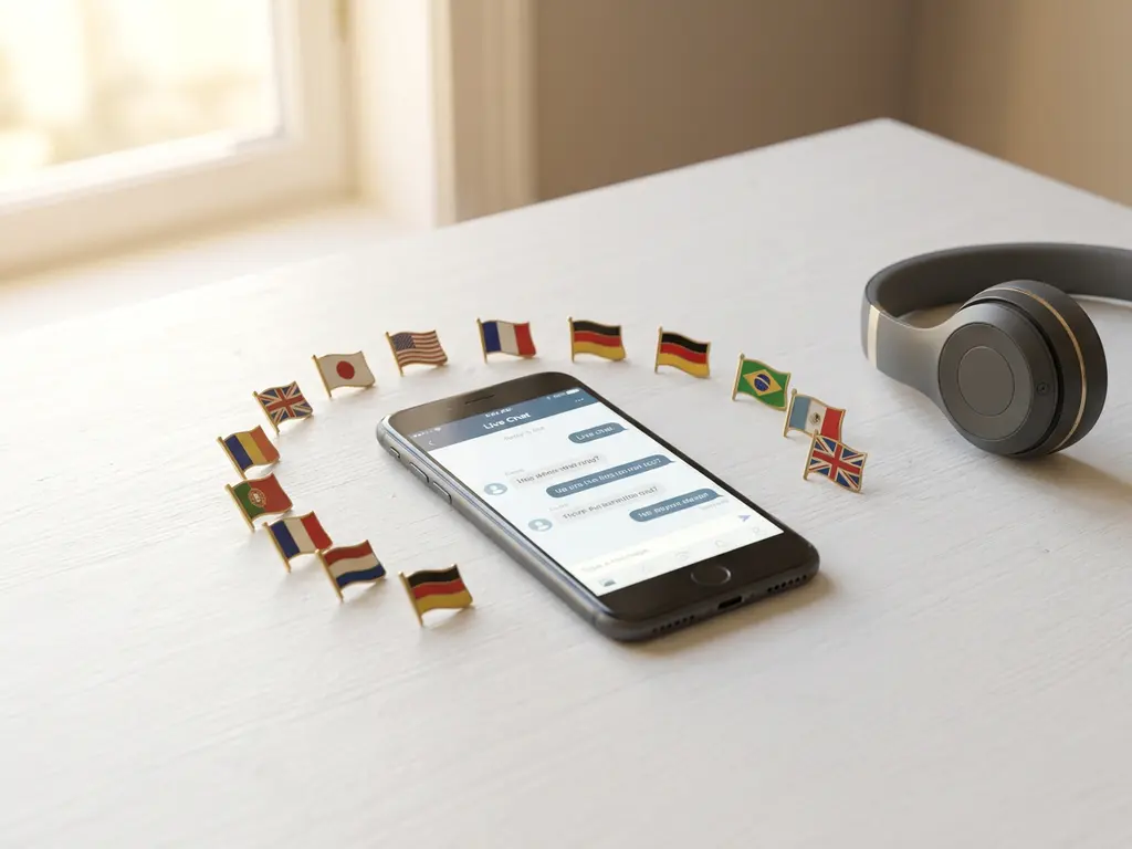 Smartphone met live chat-interface op wit bureau, omringd door vlaggenspeldjes van diverse landen en een draadloze headset.