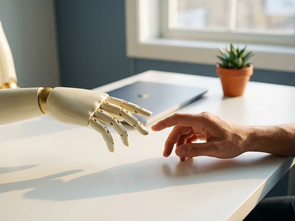 Robothand en menselijke hand reiken naar elkaar over een wit bureau, met laptop en plant op de achtergrond, warm gouden licht.