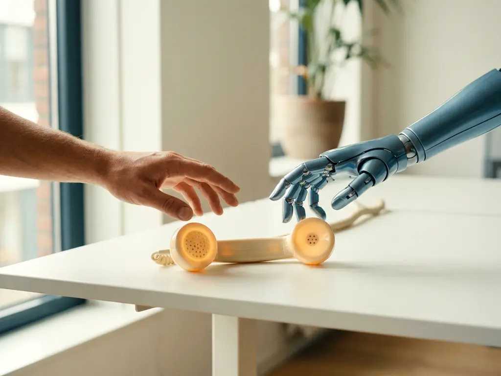 Menselijke hand en robothand reiken naar een gloeiende telefoonhoorn op een wit bureau in een modern kantoor.