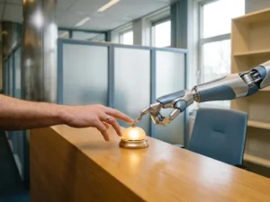 Menselijke hand en robotarm reiken naar dezelfde servicebel op een moderne receptie, symbool voor AI versus menselijke klantenservice.