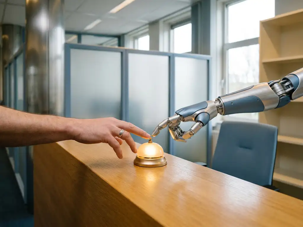 Menselijke hand en robotarm reiken naar dezelfde servicebel op een moderne receptie, symbool voor AI versus menselijke klantenservice.